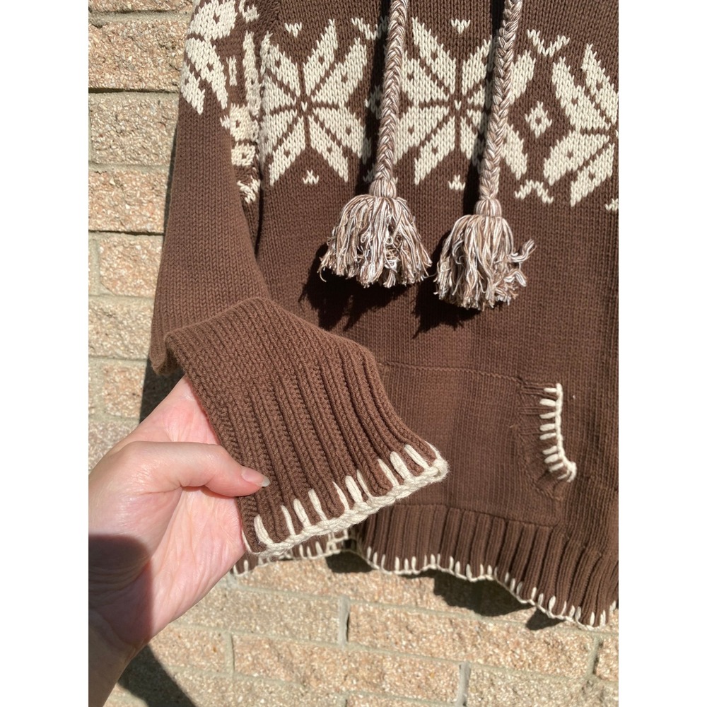 Vintage Y2K Fair Isle Snowflake Knit Brown Hoodie Sweater Tassels Large Cabin - Picture 3 of 6